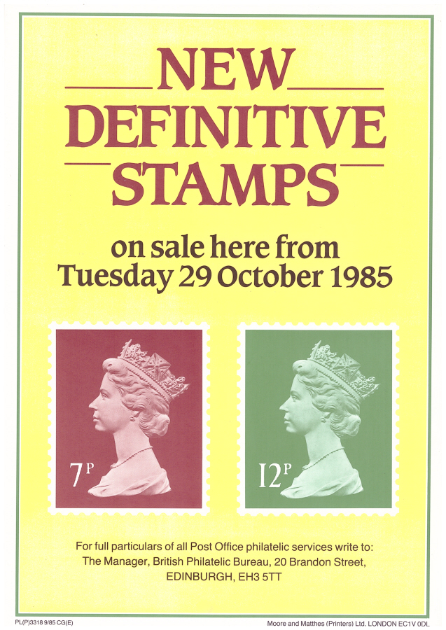 (image for) 1985 New Definitives Post Office A4 poster. PL(P) 3318 9/85 CG(E).
